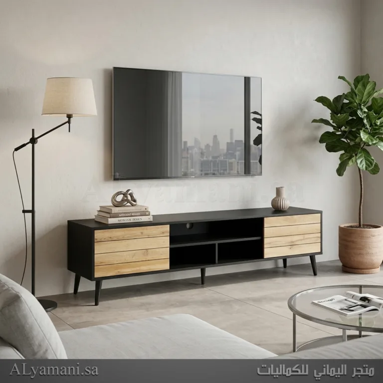 طاولة تلفزيون بلازما سوداء وخشبي