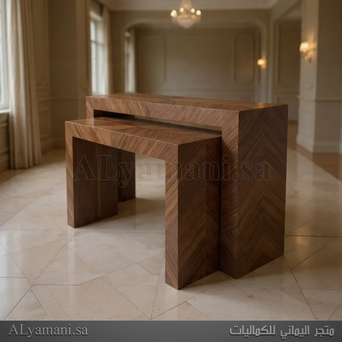 طقم طاولات كونسول استقبال بني خشبي فخم بتصميم مودرن وتعتيق فاخر