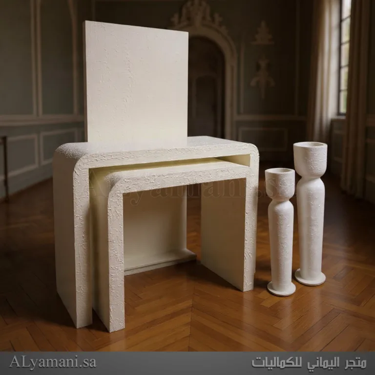 طقم استقبال فاخر طاولتين وخلفية ومبخرتين معتق اوف وايت كريمي