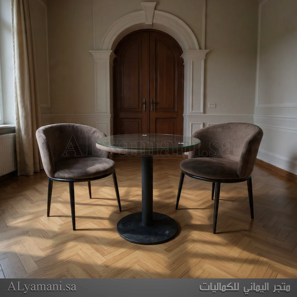 طقم جلسة كافيهات كرسيين وطاولة بني مخملي