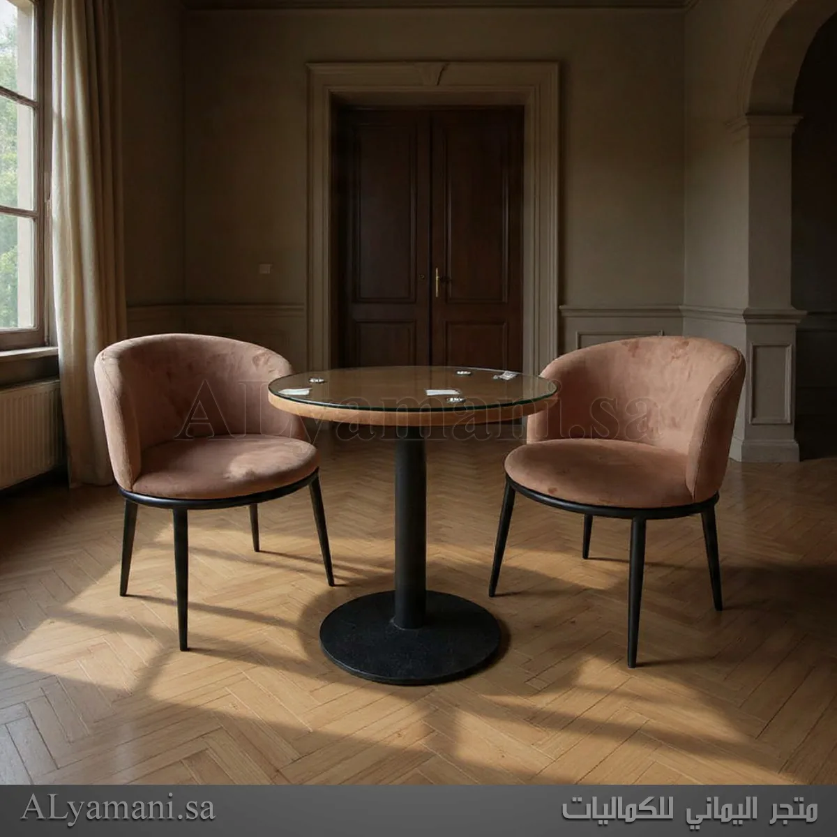 طقم جلسة كافيهات كرسيين وطاولة بني فاتح مخملي