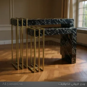 طقم طاولة استقبال بديل الرخام اسود وذهبي