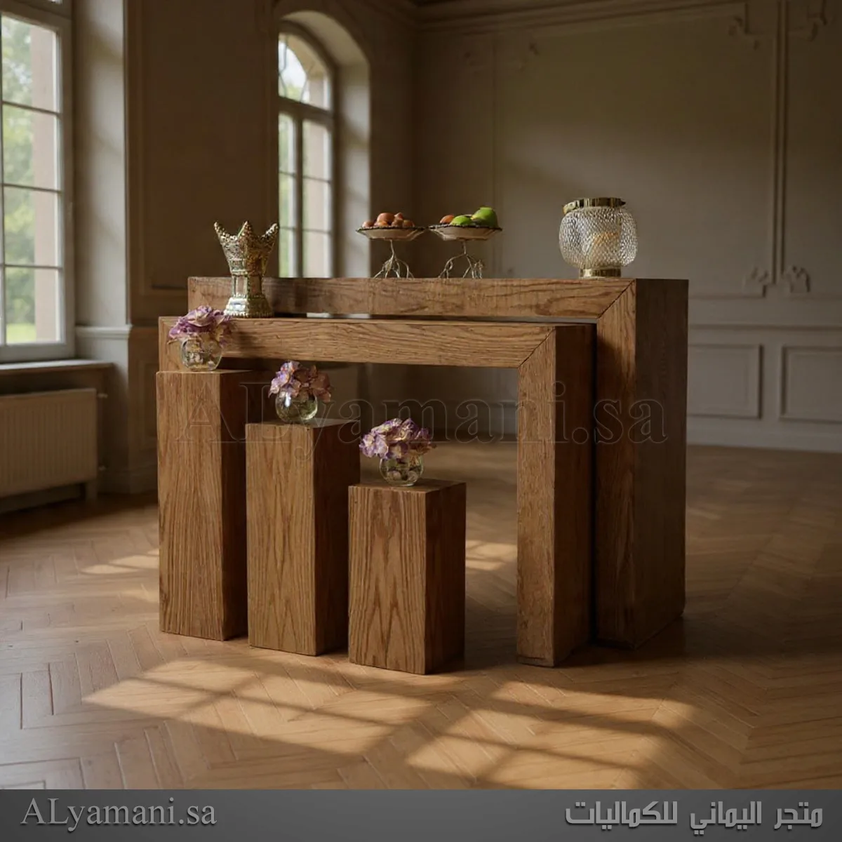 طاولة استقبال مع ستاندات خشب سنديان طبيعي تصوير جانبي