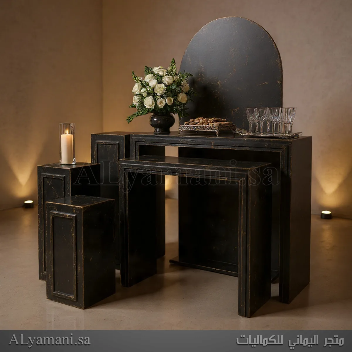 طقم استقبال مناسبات وحفلات خطوبة وملكة لون اسود حجري معتق ذهبي