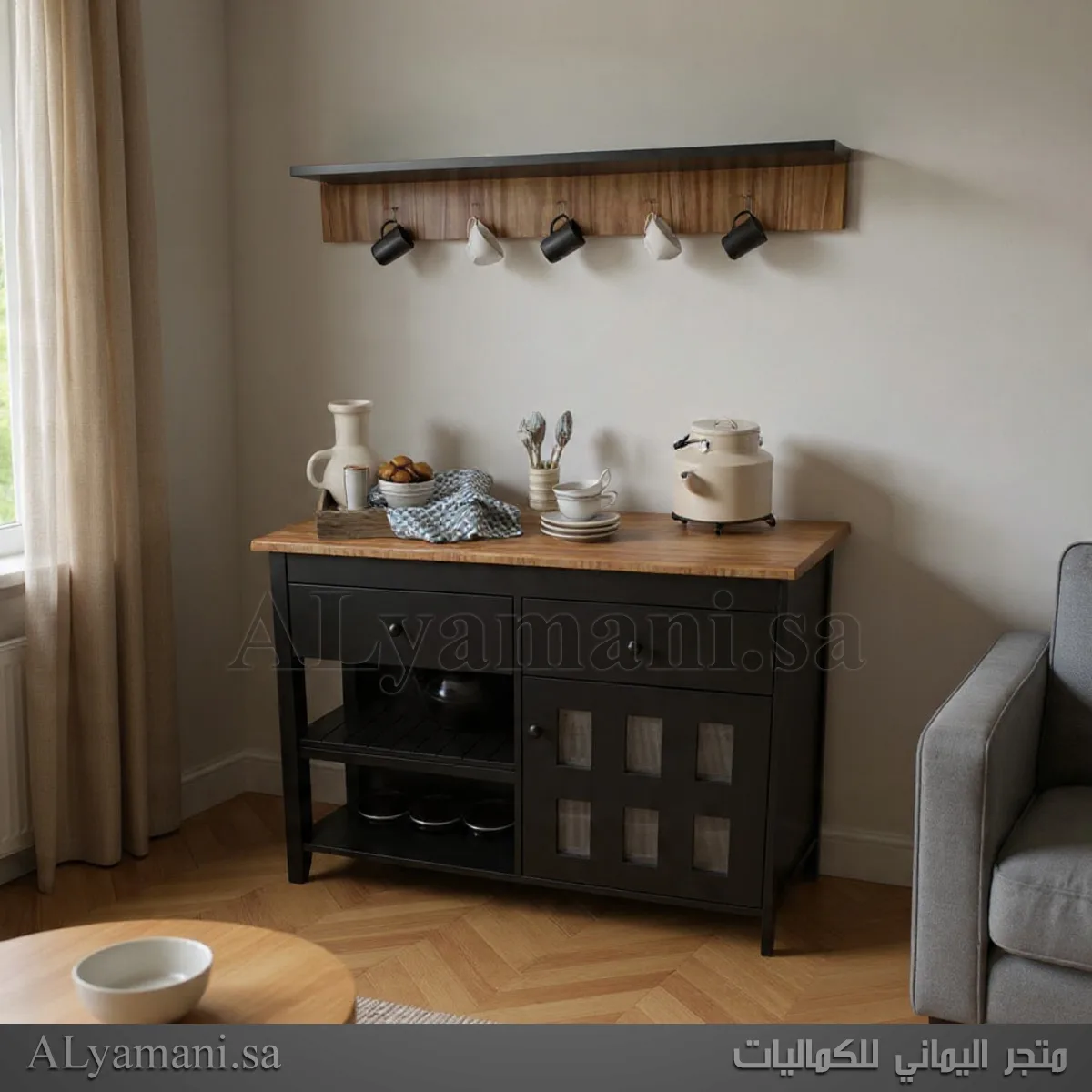 ركن قهوة اسود مع رف جداري – كوفي كورنر أنيق لغرفة المعيشة تصوير أمامي