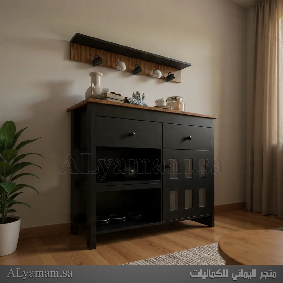 ركن قهوة اسود مع رف جداري – كوفي كورنر أنيق لغرفة المعيشة تصوير جانبي