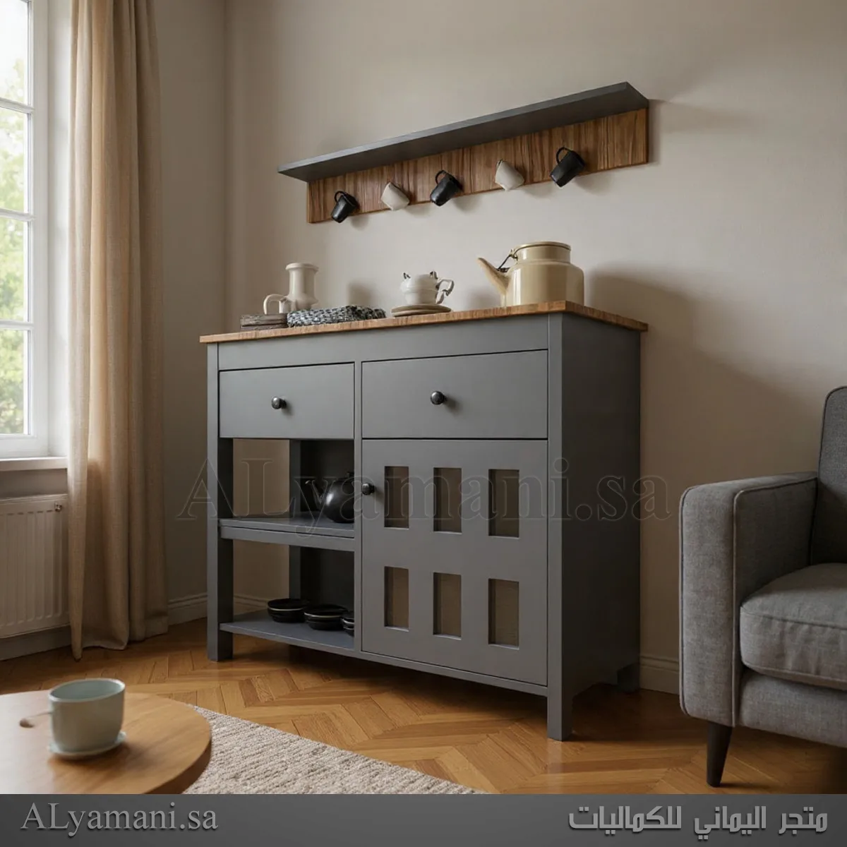 ركن قهوة رصاصي مع رف جداري – كوفي كورنر راقي لغرفة المعيشة