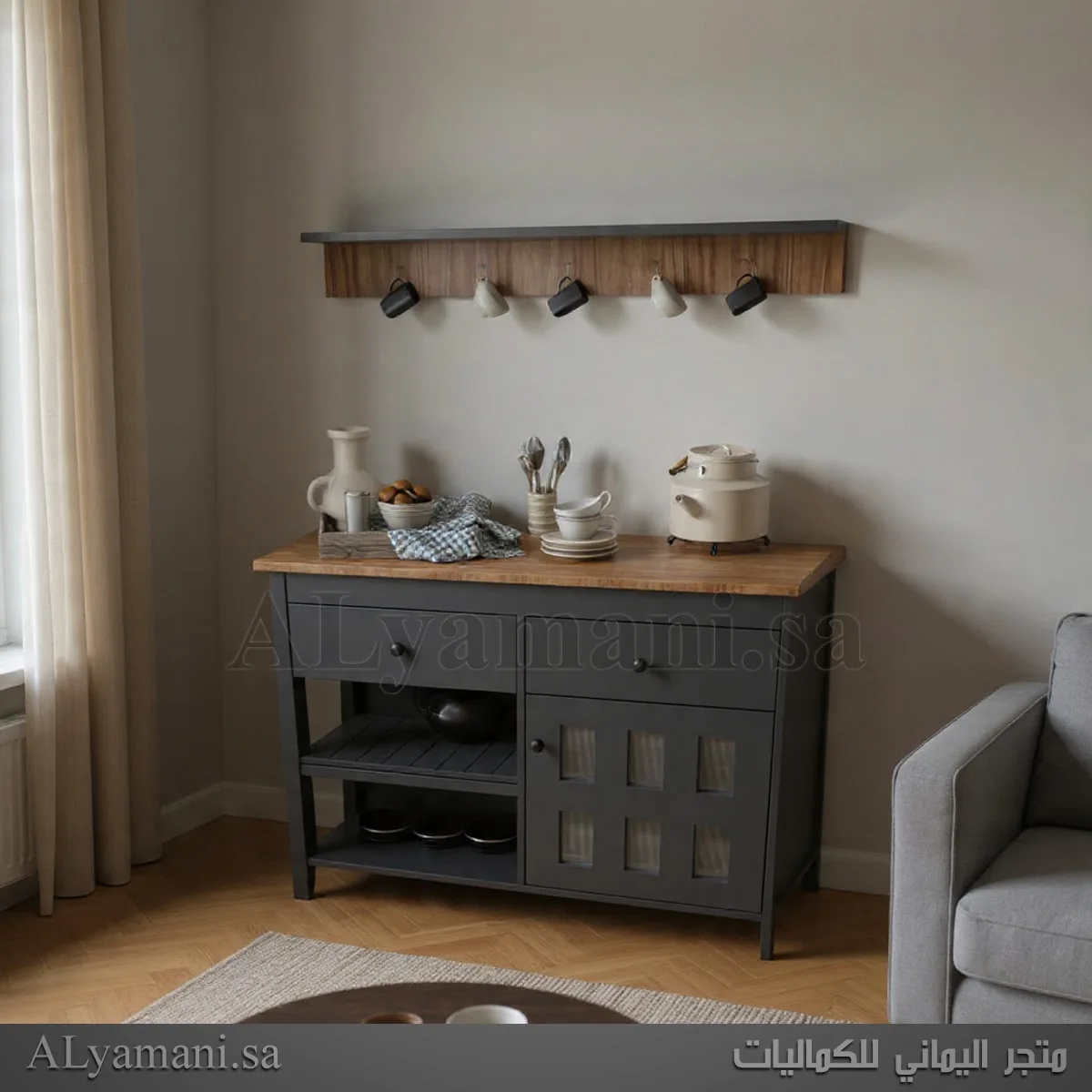 ركن قهوة رصاصي مع رف جداري – كوفي كورنر راقي لغرفة المعيشة تصوير أمامي