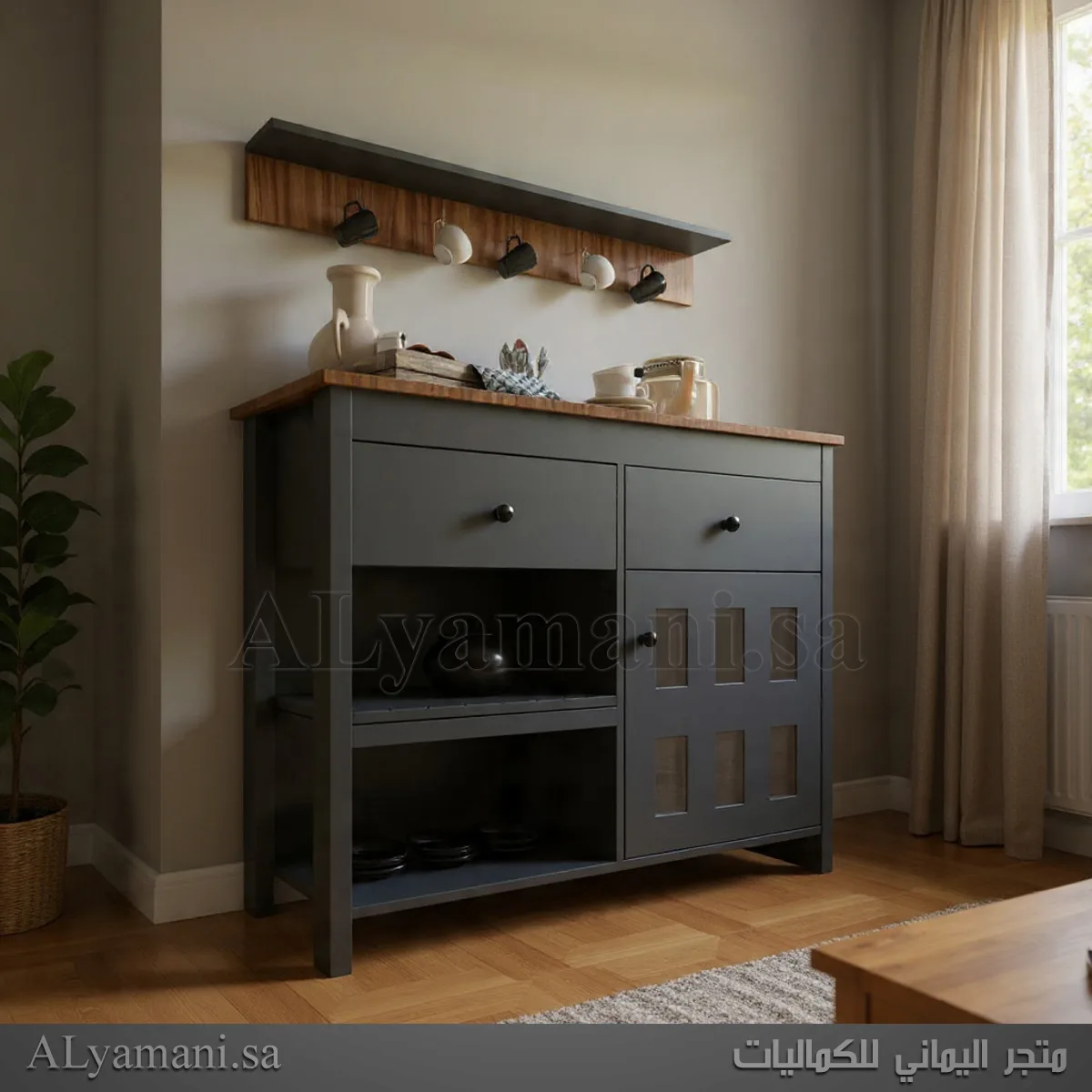 ركن قهوة رصاصي مع رف جداري – كوفي كورنر راقي لغرفة المعيشة تصوير جانبي