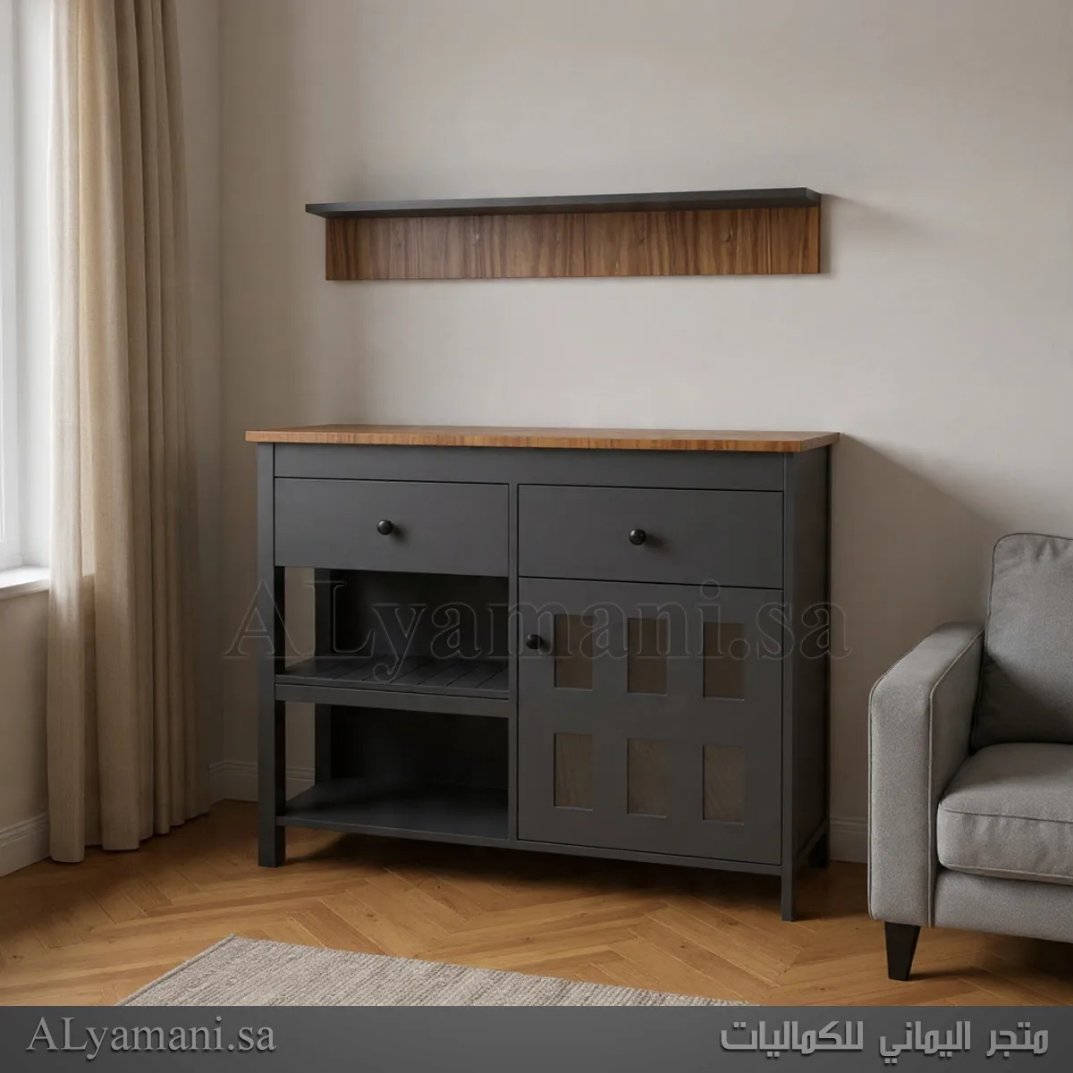 ركن قهوة رصاصي مع رف جداري – كوفي كورنر راقي لغرفة المعيشة تصوير بدون ادوات