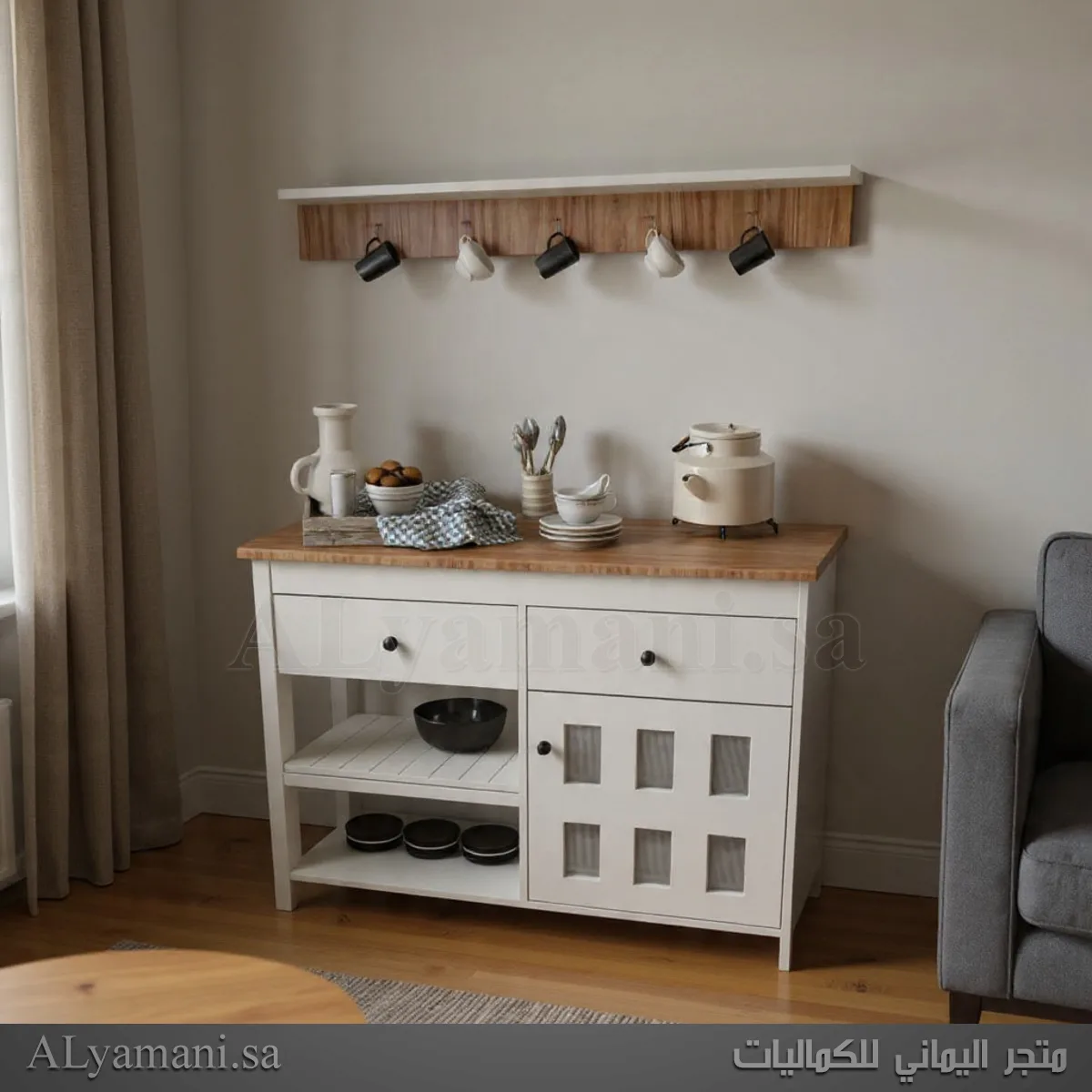 ركن قهوة أبيض مع رف جداري – كوفي كورنر أنيق لغرفة المعيشة تصوير امامي