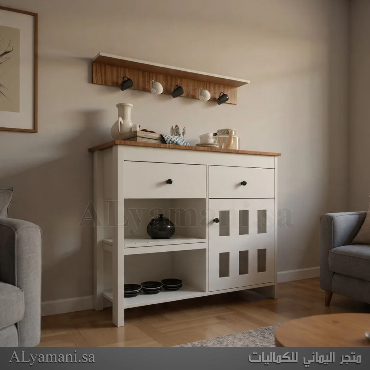 ركن قهوة أبيض مع رف جداري – كوفي كورنر أنيق لغرفة المعيشة تصوير جانبي