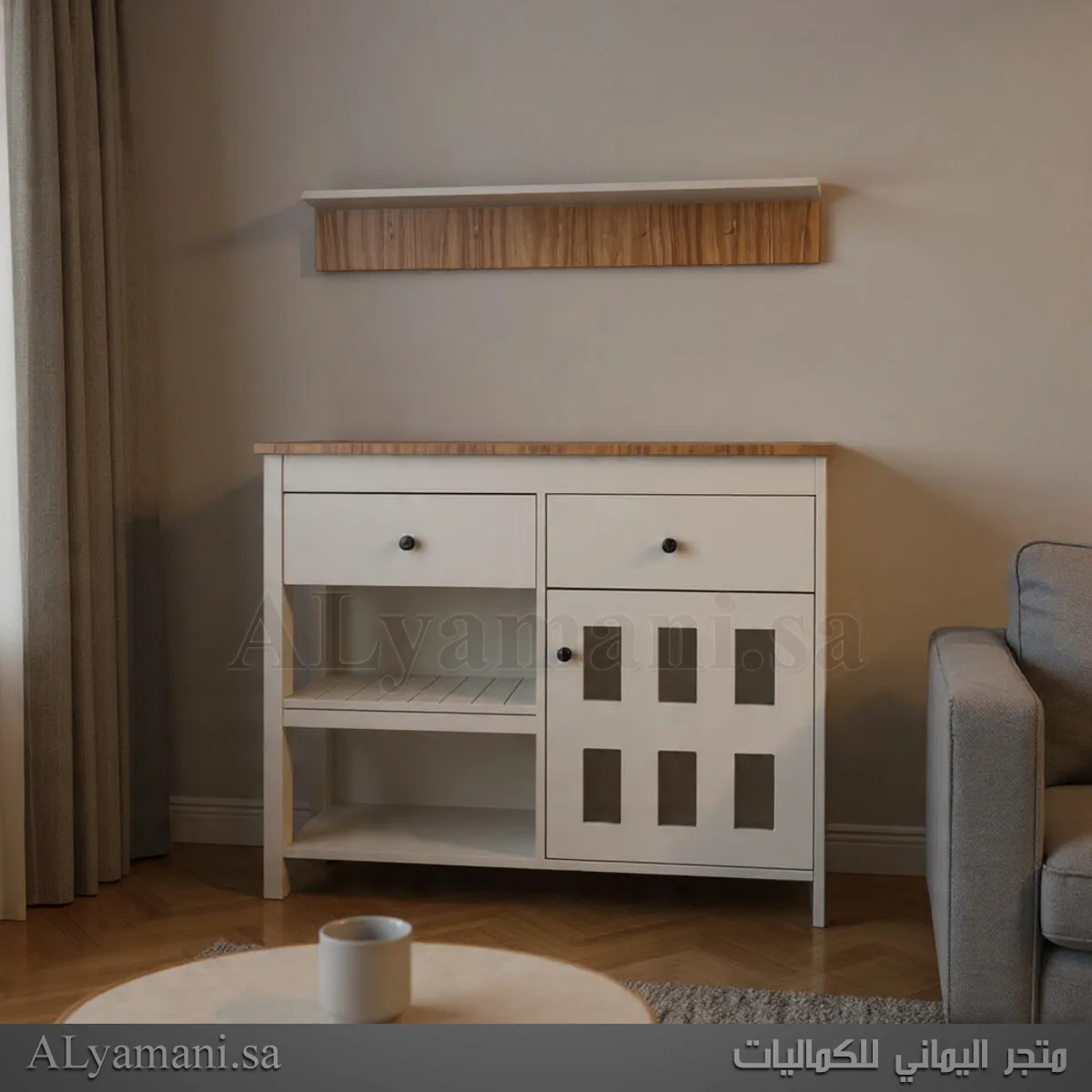 ركن قهوة أبيض مع رف جداري – كوفي كورنر أنيق لغرفة المعيشة تصوير بدون ادوات