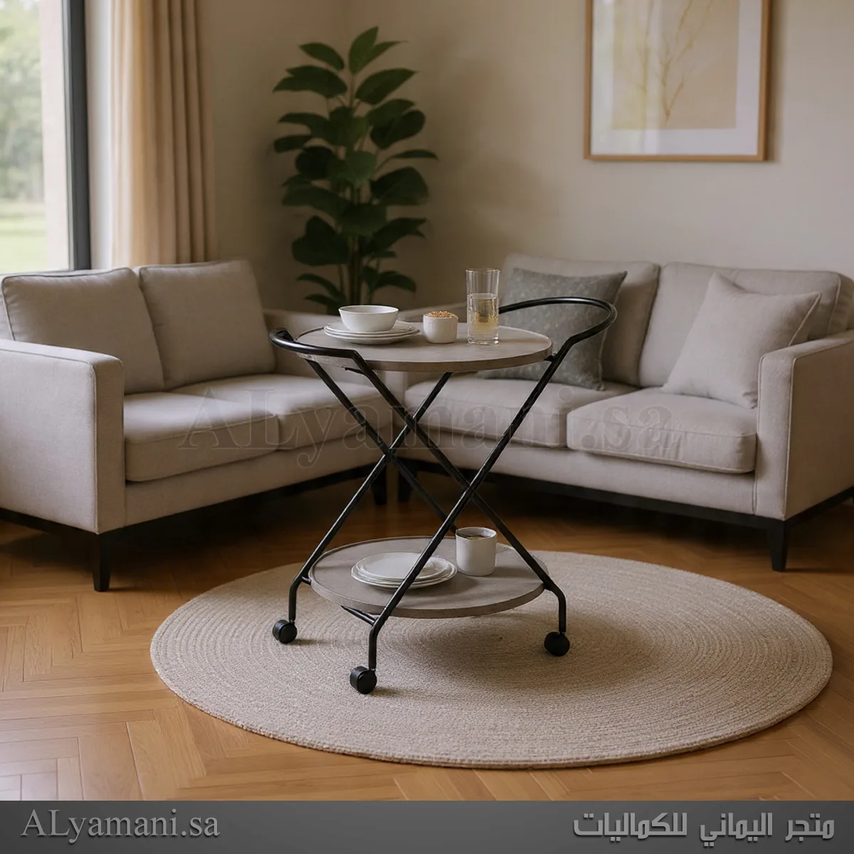 عربة خدمة وتقديم ترولي دورين دائرية لون رمادي