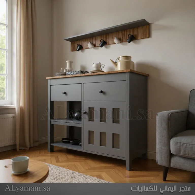 ركن قهوة رصاصي مع رف جداري – كوفي كورنر راقي لغرفة المعيشة