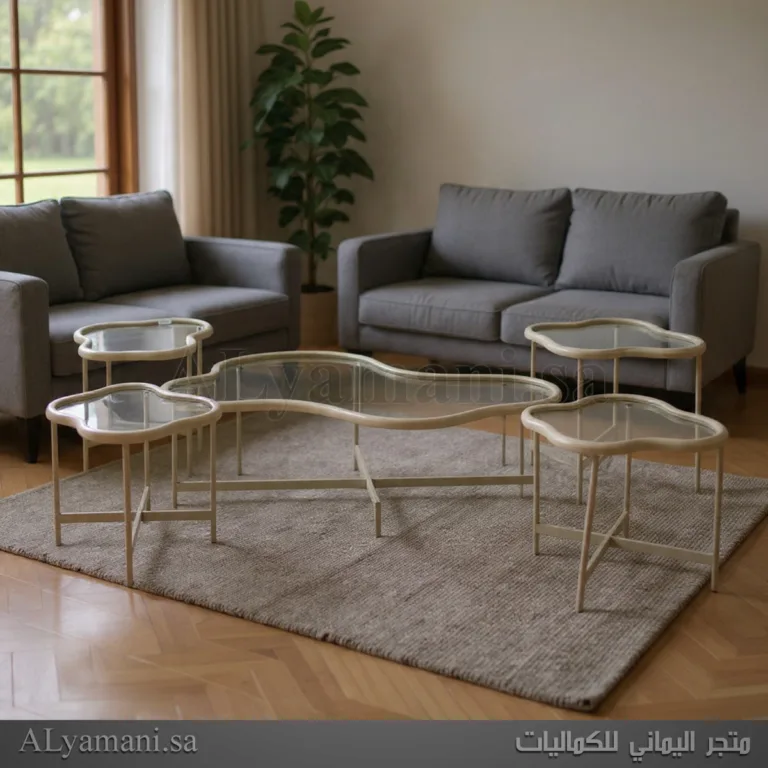 طقم طاولات ضيافة مجالس وتقديم قهوة زجاج بيج