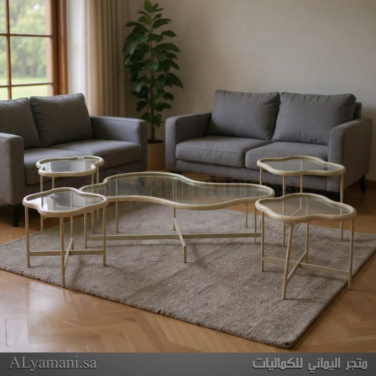 طقم طاولات ضيافة مجالس وتقديم قهوة زجاج بيج