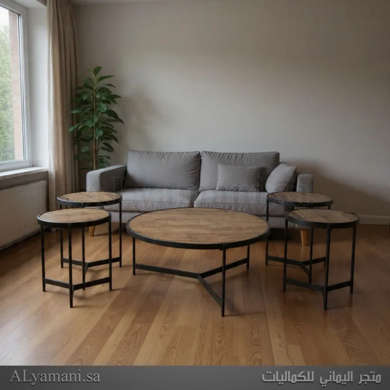 طقم طاولات ضيافة وتقديم قهوة دائرية بني خشبي