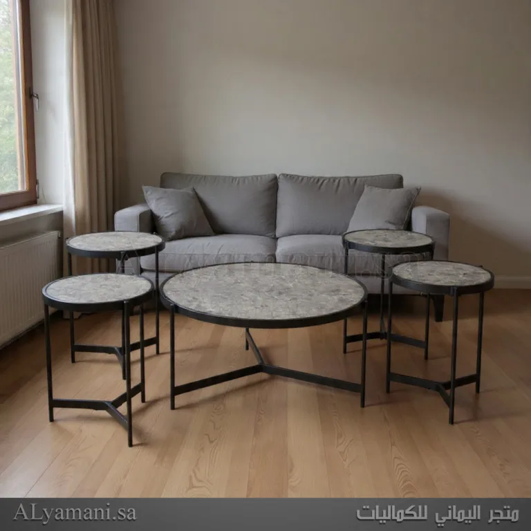 طقم طاولات ضيافة وتقديم قهوة دائرية رمادي حجري