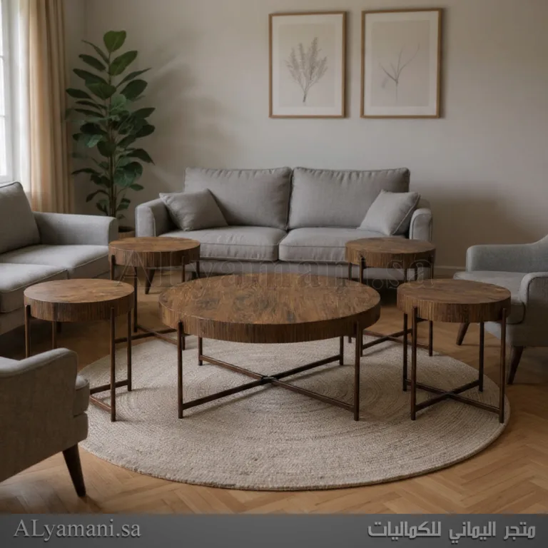 طقم طاولات مجلس ضيافة وتقديم دائرية بني