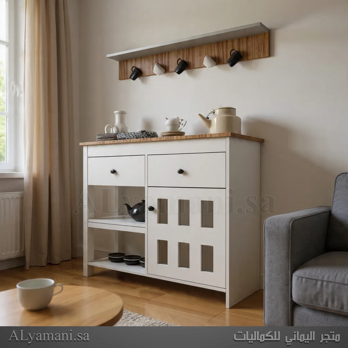 ركن قهوة أبيض مع رف جداري – كوفي كورنر أنيق لغرفة المعيشة