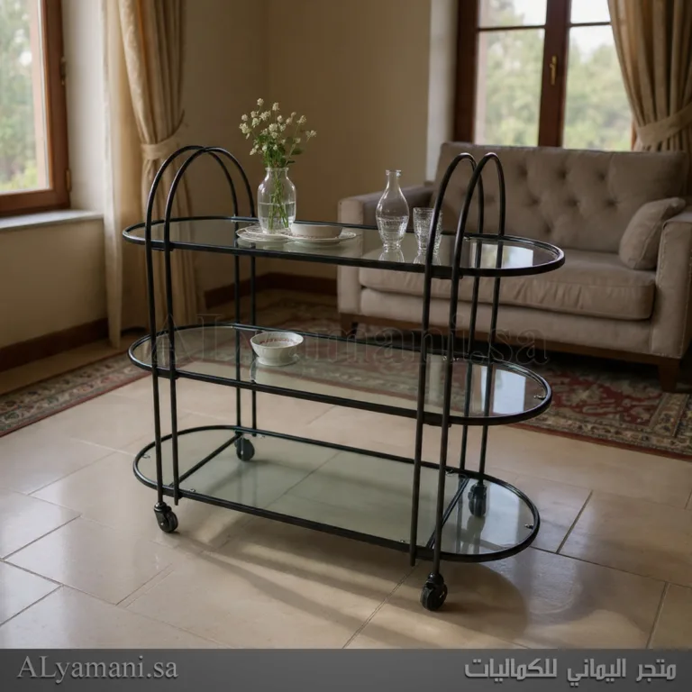 عربة خدمة ترولي بيضاوية 3 أدوار - هيكل أسود وأرفف زجاج شفاف نقي