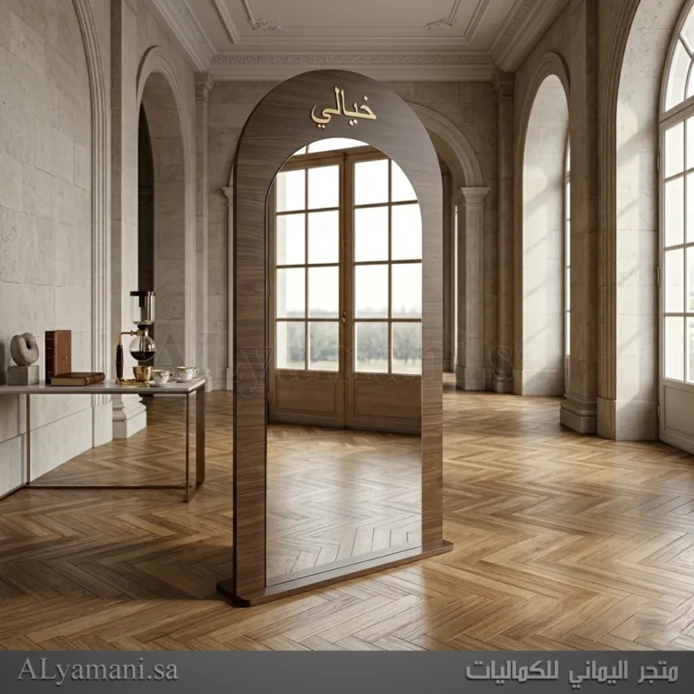 خلفية استقبال مقوسة مودرن لون بني بتعتيق يدوي مع مرآة واسم إكريليك ذهبي