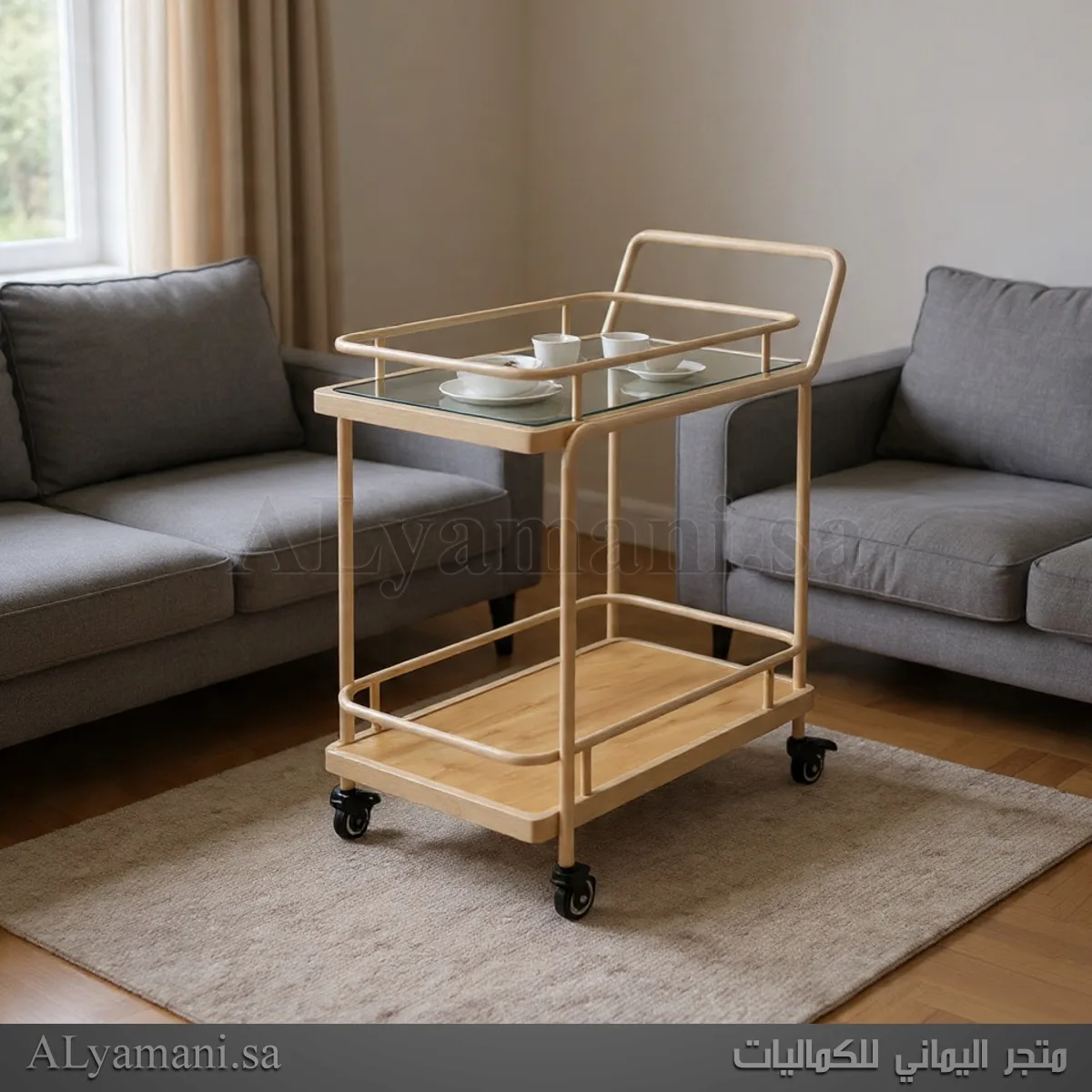عربة ضيافة وتقديم ترولي سرفر دورين زجاج لون بيج