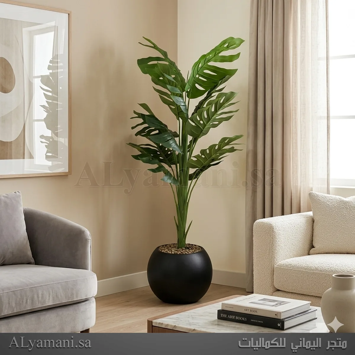 شجر مونستيرا صناعي كبير القفص الصدري بمركن أسود فخم مقاسات 160 سم و 185 سم للفلل والأسقف العالية