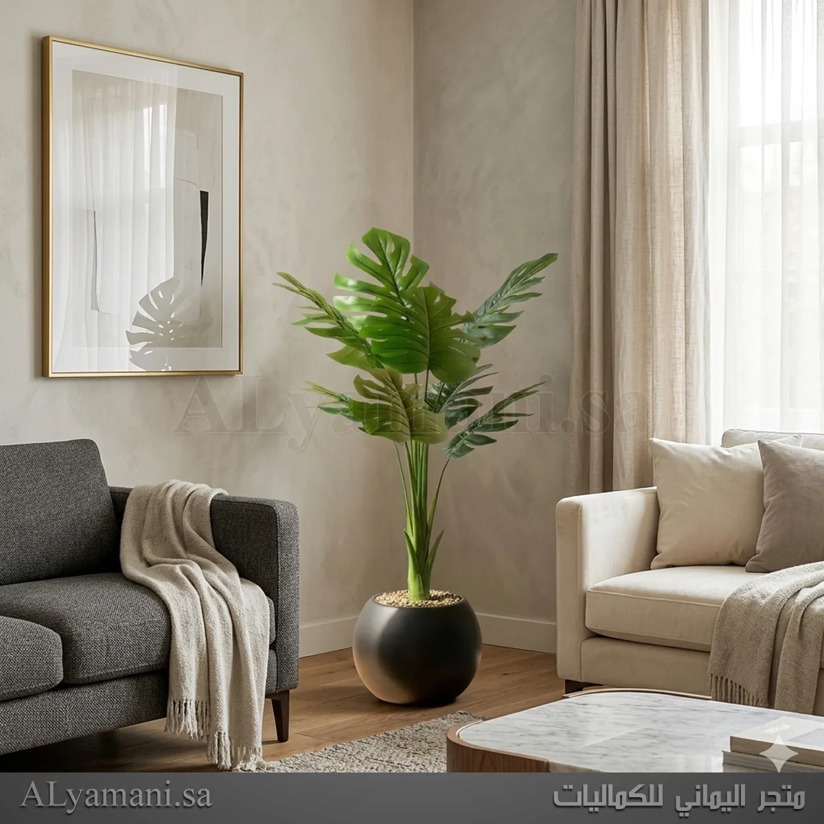 شجر مونستيرا صناعي صغير بارز بمركن أسود ملكي مقاسات 120 و 140 سم للديكورات المودرن بالسعودية