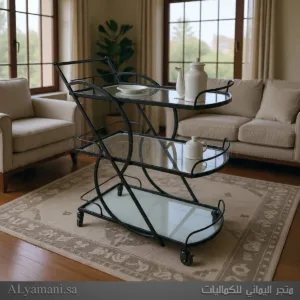 عربية تقديم مودرن 3 أدوار بهيكل أسود وتصميم انسيابي مع أرفف زجاجية شفافة نقية للتقديم.