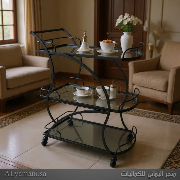 عربية تقديم فخمة 3 أدوار بهيكل أسود وأسطح زجاج أسود شفاف بتصميم منحني عصري.