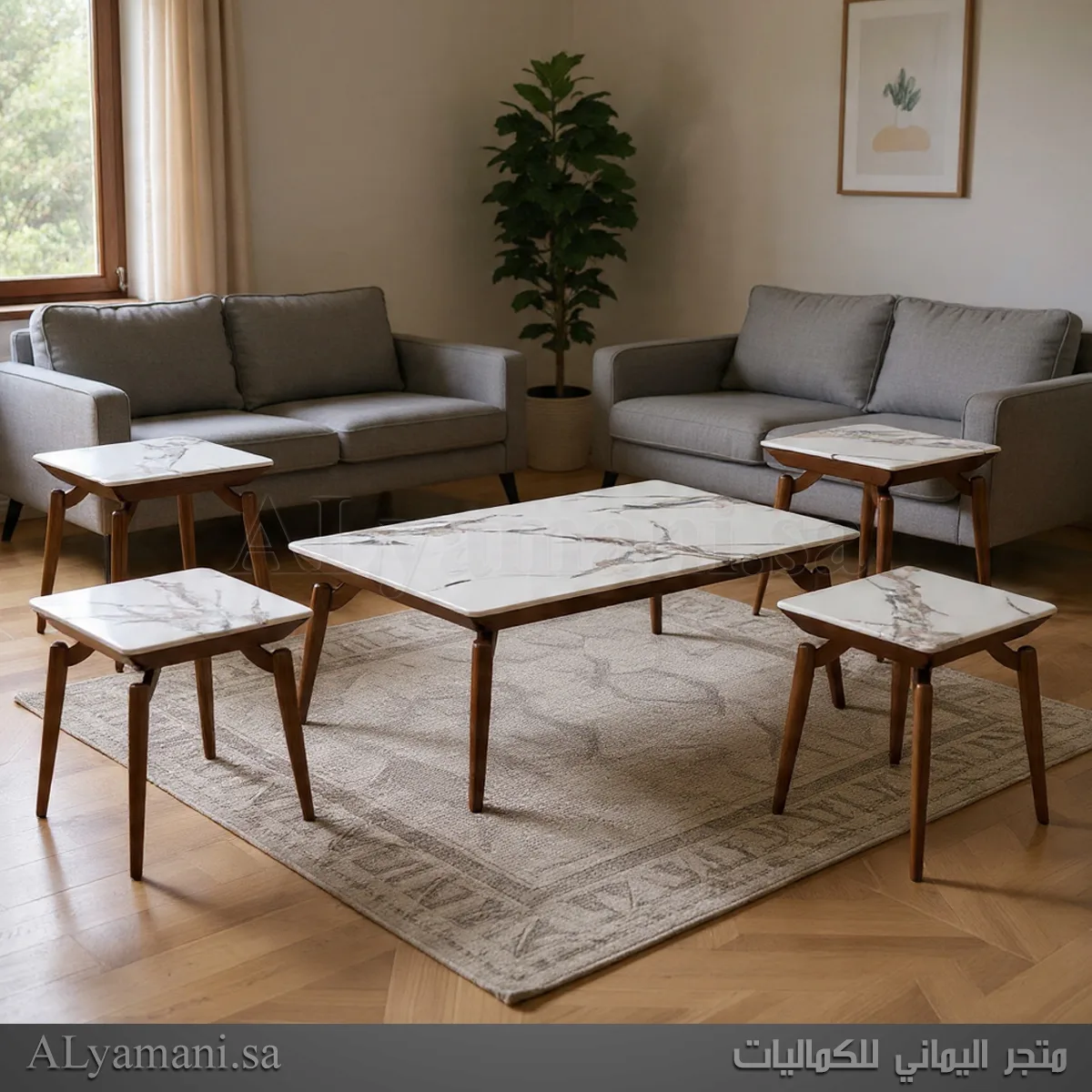 طقم طاولات تقديم قهوة وضيافة 5 قطع مودرن رخام لون أبيض