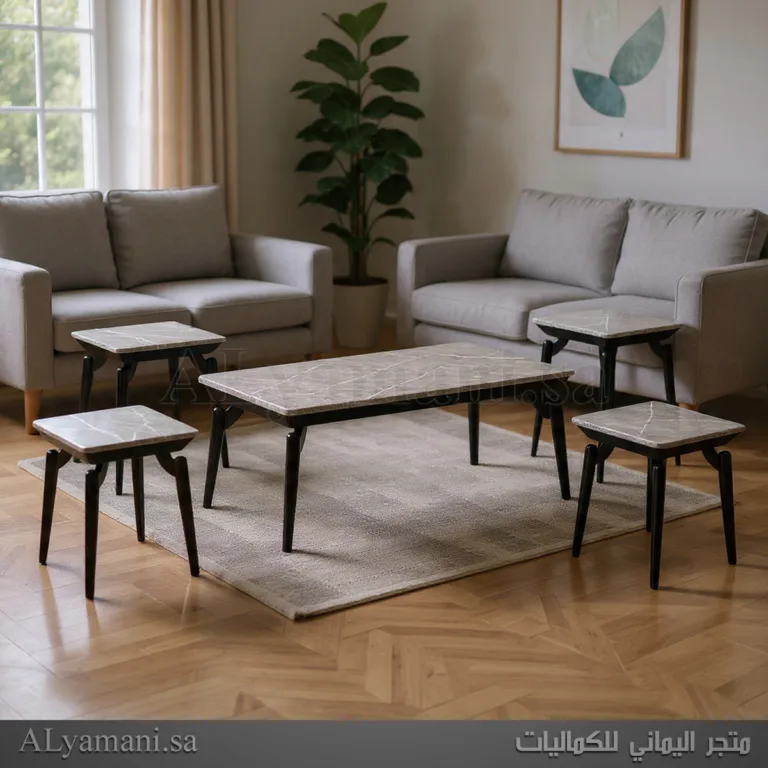 طقم طاولات تقديم قهوة وضيافة 5 قطع مودرن رخام لون رمادي