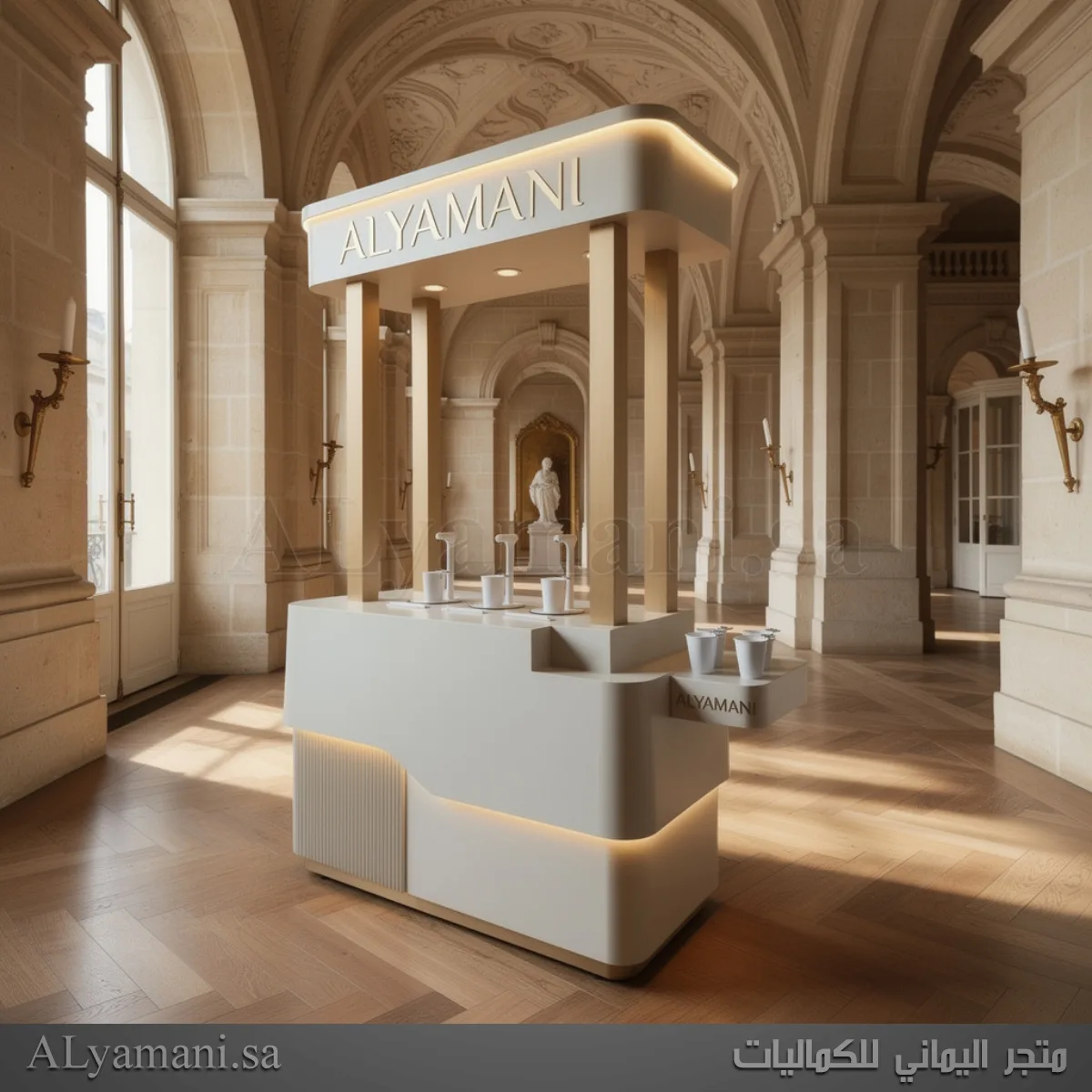 كوفي ستيشن فاخر بنحت CNC إنسيابي مقلم مع ثلاث وحدات سبوت لايت وإضاءة ليد مخفية للمناسبات والكيترنق