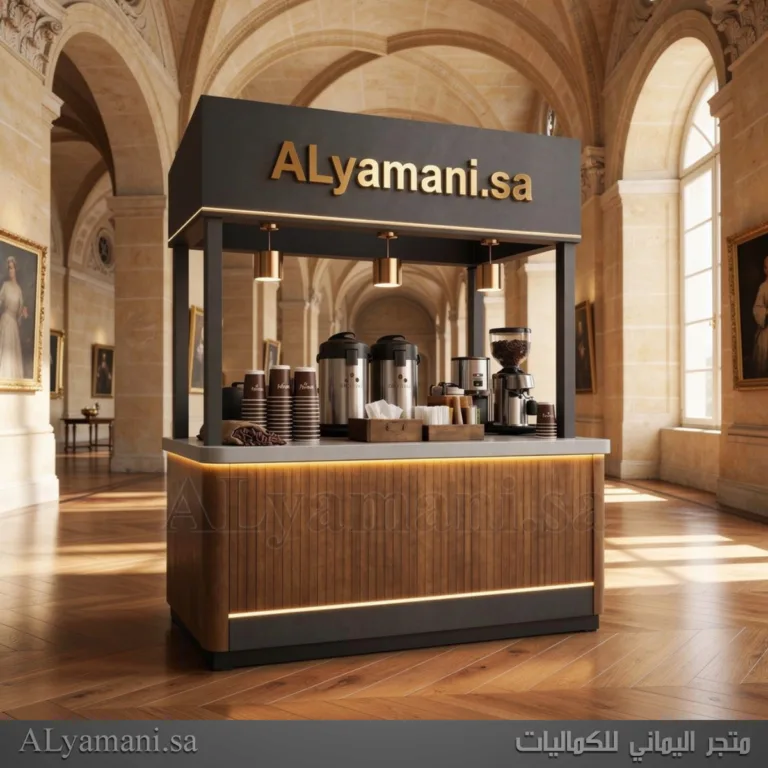 بوث كشك قهوة تجاري متنقل بتصميم خشبي فاخر وشعار إكريليك ذهبي وإضاءة مخفية لمشاريع الكافيهات