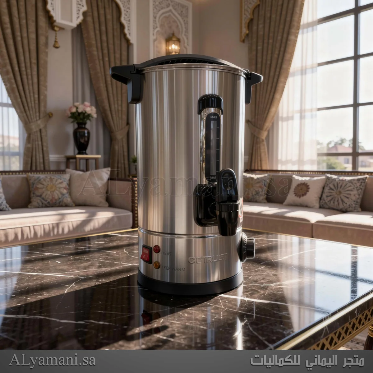 تفاصيل التصميم الهندسي لموزع مياه ون تراست توضح صنبور السكب الآمن المضاد للتنقيط ومؤشر الحرارة الذكي
