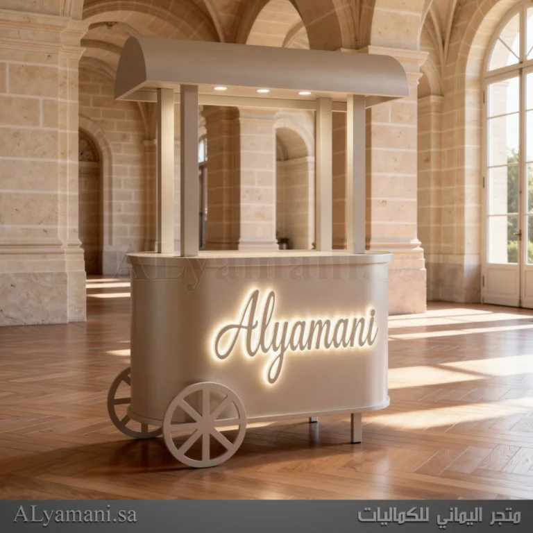 تصنيع وتفصيل عربة كيترنق بيضاء مع مظلة قابلة للفك في ورشة ومنجرة متخصصة لتصنيع عربات الضيافة والقهوة والحلا حسب الطلب