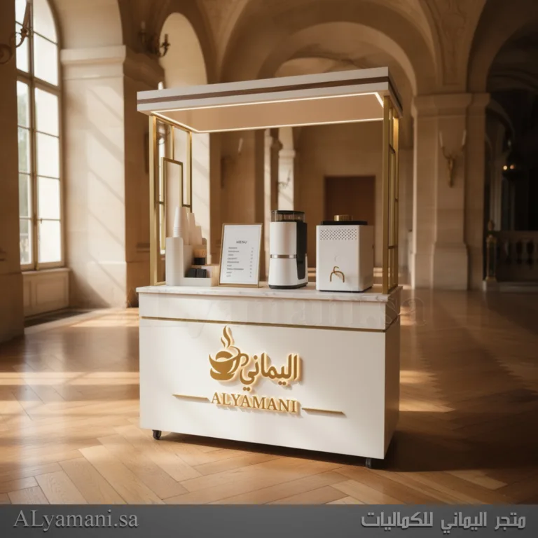 تصنيع عربة كيترنق فاخرة سهل التسفيط لمشاريع القهوة والتقديم مع سطح بديل رخام وإضاءة ليد وشعار أكريليك ذهبي
